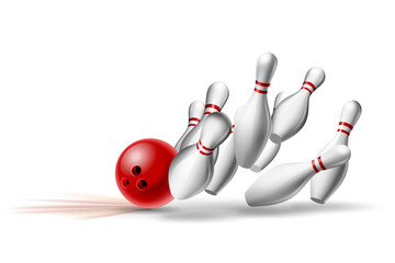 Red Bowling Ball crashing into the pins. Illustration of bowling strike isolated on white background. - obrazy, fototapety, plakaty