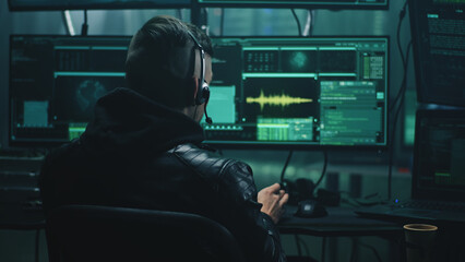 Cheerful male hacker in headset rejoicing in a successful cyber attack in a dim room of cybercriminals with computer equipment and software
