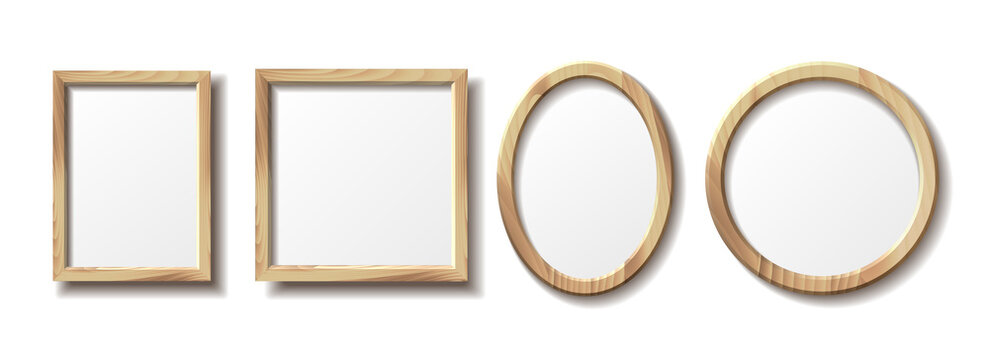 Set of empty wooden picture frame different shapes.
