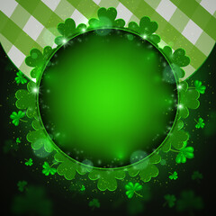 Vector illustration shining background with green clovers and round banner