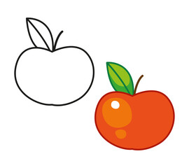 Coloring book set with apple and outline. Vector illustration of fruits in cartoon childish style. Isolated funny clipart on white background. cute print.