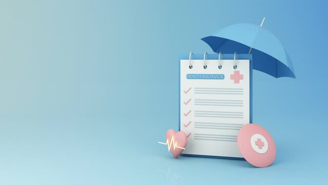 health insurance form surrounded by shields Heart shapes and rates and umbrellas and pills. first aid box on pastel blue and pink background 3d render animation looped 