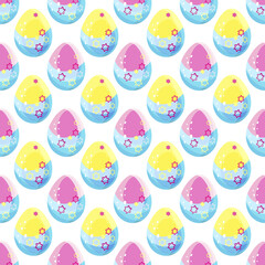 Seamless texture. Backgrounds with Easter eggs. For the Easter holiday, a pattern of bright eggs. Repeating pattern for printing on paper and fabric.