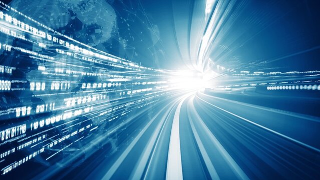 Digital data flow on road in concept of cyber global communication and coding with graphic creating vision of fast speed transfer to show agile digital transformation , disruptive innovation .