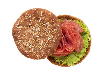 Sandwich with salami sausage on white background.