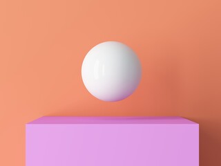 White sphere ball above podium, colorful background, 3d rendering