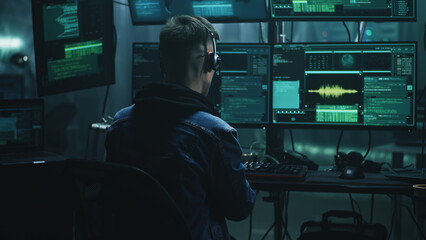 Cheerful male hacker in headset rejoicing in a successful cyber attack in a dim room of cybercriminals with computer equipment and software - Powered by Adobe
