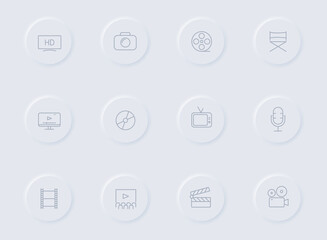 cinema gray vector icons on round rubber buttons. cinema icon set for web, mobile apps, ui design and promo business polygraphy
