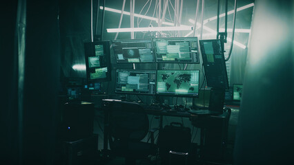 Dark hacker refuge with lamps and tables and computer equipment with programs for cyber crimes and...