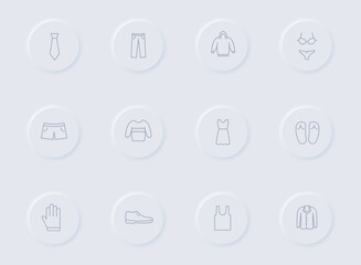 clothes gray vector icons on round rubber buttons. clothes icon set for web, mobile apps, ui design and promo business polygraphy