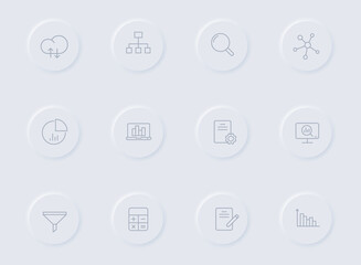 data analytics gray vector icons on round rubber buttons. data analytics icon set for web, mobile apps, ui design and promo business polygraphy