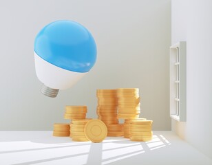 3d render illustration Blue light bulb on soft white background in room with window money competition combine investment startup idea concept, invention, project support