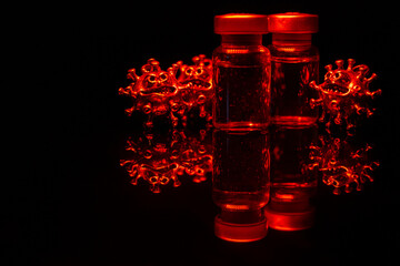 Glass jars with antibodies. A powerful angry virus with a face. The coronavirus is slightly blurred.