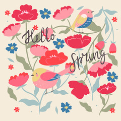Naklejka na ściany i meble Postcard with spring birds and flowers. Vector graphics.