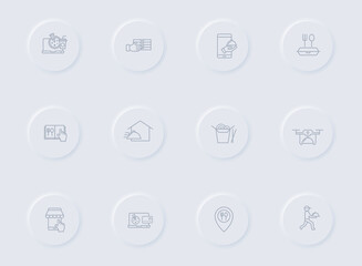 food delivery gray vector icons on round rubber buttons. food delivery icon set for web, mobile apps, ui design and promo business polygraphy