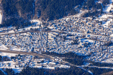 Fototapeta premium Chamonix town in Europe, France, Rhone Alpes, Savoie, Alps, in winter on a sunny day.