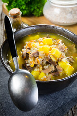 Polish barley soup with vegetables and chicken heart.