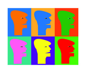 Abstract faces in a modern fine art painting. Set of vector multicolored psychedelic stylized talking heads. Pop Art. Template for sales, picture, poster, postcard.