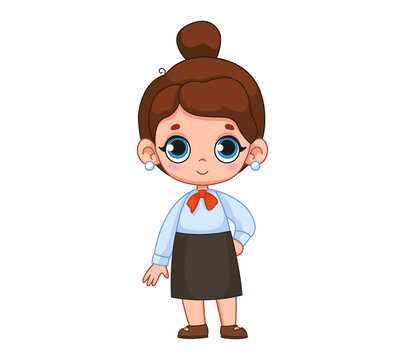 Cute brunette girl dressed as a school teacher. Profession teacher. Vector illustration of a character in a cartoon childish style. Isolated funny man clipart on white background. cute baby print.