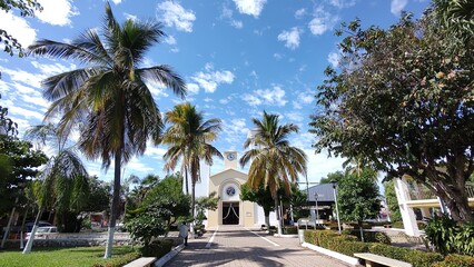Fototapeta na wymiar Tropical park in a town with a church 
