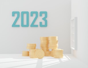 3D text 2023 written horizontally with stack golden coins in empty white room with window. Financial and Cryptocurrency concept. 3d render illustration. New year financial and saving money concept. 