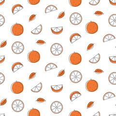 Seamless pattern orange outline with spots. Whole, pieces, and leaves.