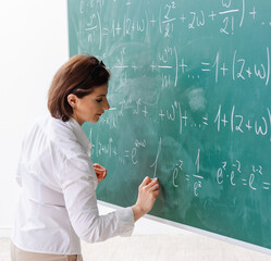 The female math teacher in front of the chalkboard