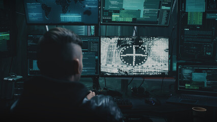 A young hacker at a table with a computer, hacking into the docking of the space module to the international space station. Footage on the screeen furnished by NASA.