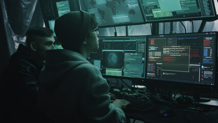 Two hackers in casual clothes cracking classified files on computer and infecting documents with a virus in a dark room with monitors