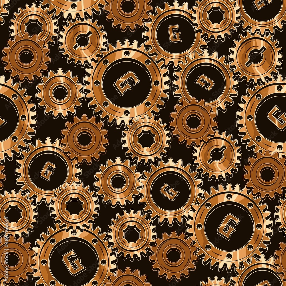 Poster seamless mechanical pattern with rusty and polished bronze machine gears on a black background. dens