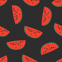Seamless pattern with watermelon slices on a black background, flat vector illustration. For t-shirt prints and other uses.