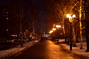 City street illuminated by street lamps.