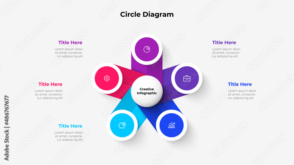 Fototapete central circle with five small circles around it. design concept of 5 steps or parts of business cyc