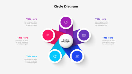Central circle with five small circles around it. Design concept of 5 steps or parts of business cycle. Infographic design template. Business data visualization.