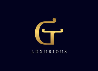Initial Letter G and T Linked Logo. GT monogram Typographic logo with overlapping uppercase G and letter T. Luxury style letter icon with decorative swirl in gold metallic color isolated on Blue Dark 