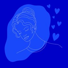 Girl with closed eyes and a bun on her head. Doodle style illustration. Linear illustration on a blue background. Heart elements. Print for interior decoration and printing of postcards, covers, etc.