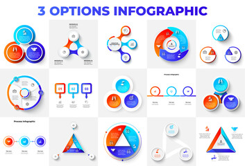 Big infographics set with 3 options, steps or parts. Circles, arrows and triangles for presentations, advertisements or websites.