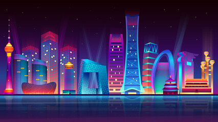 Night Beijing City illuminated by neon lights. Modern buildings and skyscrapers. Vector illustration.