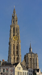 Fototapeta na wymiar Gothic tower of the roman catholic cathedral of Our Lady, Antwerp, Flanders, Belgium 