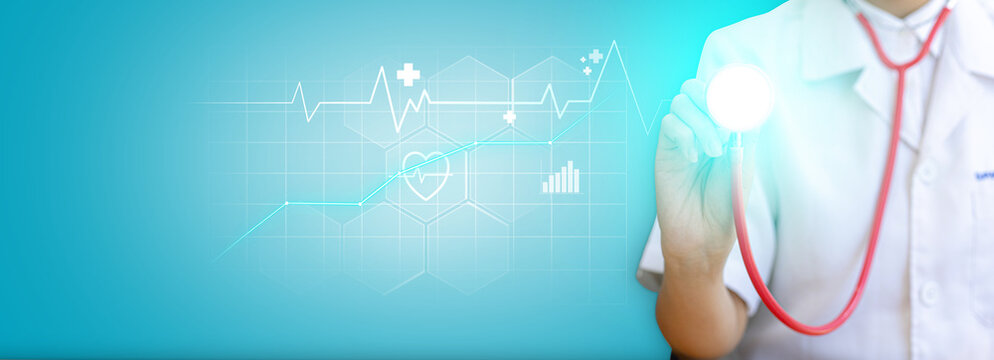 Doctor holding a stethoscope showing a heart wave graphic, line graph, bar graph, heart shape with wave cut in the middle. Modern medical technology concept. Banner background with copy space.