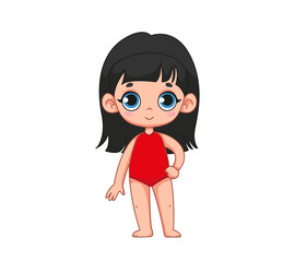 Pretty black-haired girl in a red bathing suit. Children's illustration of a child in a bathing suit. Vector illustration in cartoon childish style. Isolated funny clipart. Cute baby print.