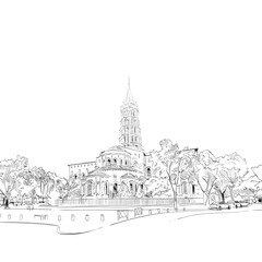 Basilica Saint Sernin. Toulouse, France. Hand drawn sketch. Vector illustration.