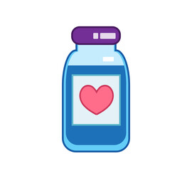 Cartoon bottle with heart symbol. Vector medical illustration of pills in cartoon childish style. Isolated funny clipart on white background. cute print.