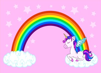 Cute Cartoon Unicorn and rainbow.Beautiful unicorn vector.Cute clouds and rainbow illustration.Print for t-shirt or sticker. Romantic hand drawing.birthday card ..