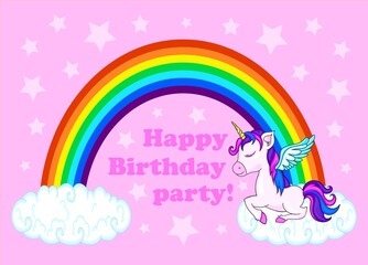 Cute Cartoon Unicorn and rainbow.Beautiful unicorn vector.Cute clouds and rainbow illustration.Print for t-shirt or sticker. Romantic hand drawing.birthday card ..