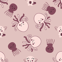 Hand drawn seamless pattern with axolotls, octopus and jellyfish. Perfect for T-shirt, textile and print. Doodle vector illustration for decor and design.