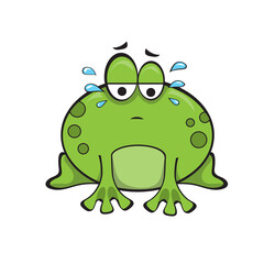 Cute sad frog sitting and crying. Green funny cartoon frog character. Vector illustration on white
