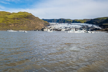 Sólheimajökull picturesque glacier in southern Iceland. The tongue of this glacier slides from...