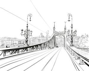 Naklejka premium The Bridge of Freedom. Budapest. Hungary. Europe. Hand drawn vector illustration.