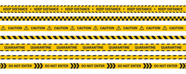 Quarantine tape, keep distance warning stripes. Caution tape in flat style. 